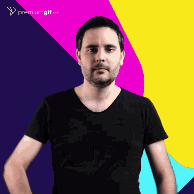 a man in a black shirt is standing in front of a premiumgif.com logo