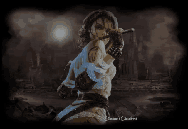 a painting of a woman holding a sword with the name simone 's creations on the bottom right