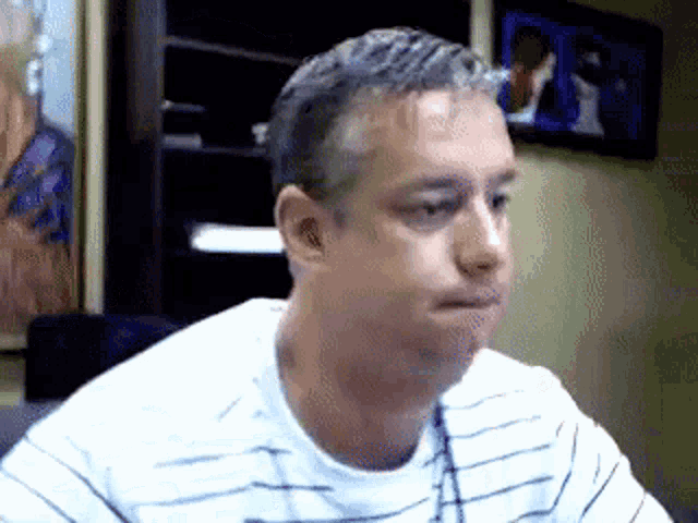 a man in a striped shirt is sitting in front of a tv