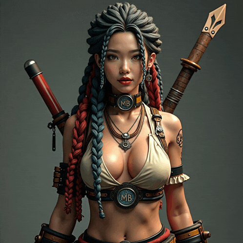 a 3d model of a woman with braids and the letter mb on her chest