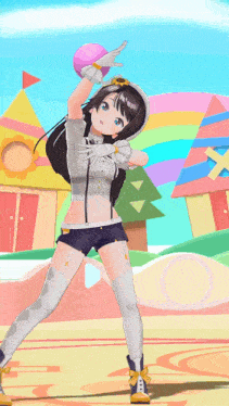 a cartoon girl is holding a pink ball in her hands