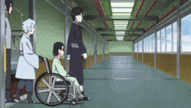 a girl in a wheelchair is being pushed by a group of people