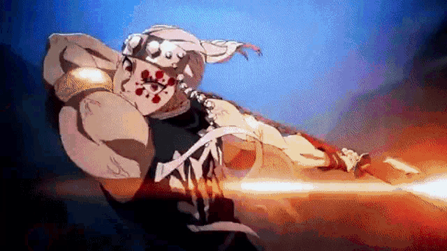 a cartoon character is holding a sword in his hand and a light is coming out of his mouth .