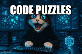 a cat in a hoodie is typing on a keyboard with the words code puzzles written above him