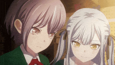 two anime girls are standing next to each other looking at something