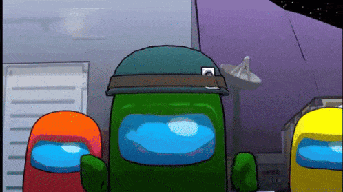 a green among us character wearing a helmet stands next to two other characters