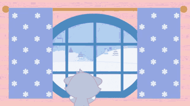 a cartoon dog looking out of a window with snowflake curtains
