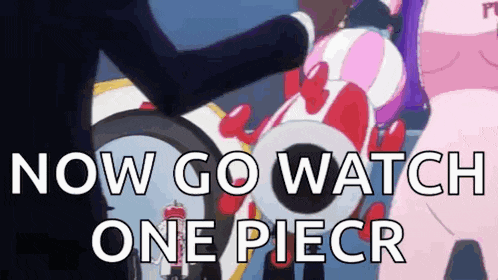 a man is holding a motorcycle with the words `` now go watch one piece '' on it .