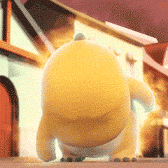 a cartoon character is standing in front of a building and looking back