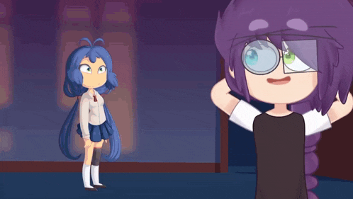 a girl with blue hair and glasses stands next to another girl with purple hair and glasses