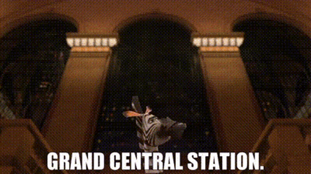 a cartoon zebra is standing in front of a building with the words grand central station written below it .