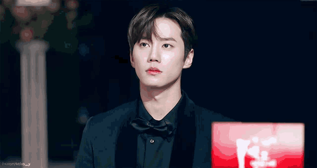 a young man in a tuxedo and bow tie is looking at the camera .