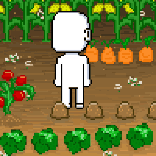 a pixel art drawing of a man standing in a garden