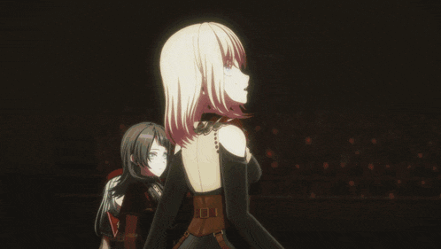 a girl with blonde hair and red eyes is standing in a dark room