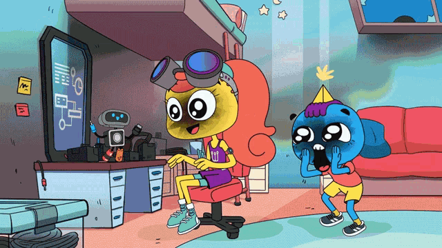 a cartoon of a girl sitting at a desk and a boy with a party hat