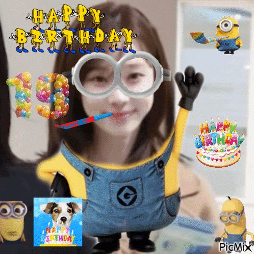 a picture of a girl with a minion on her head and the words happy birthday on the top