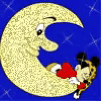 mickey mouse is sitting on a crescent moon .