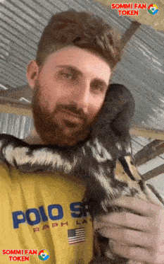a man with a beard wearing a yellow polo shirt