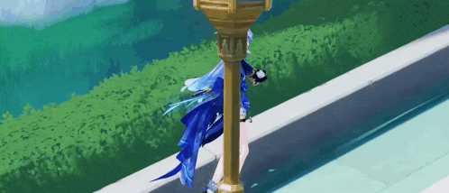 a person is standing next to a pole with a blue feather on it .