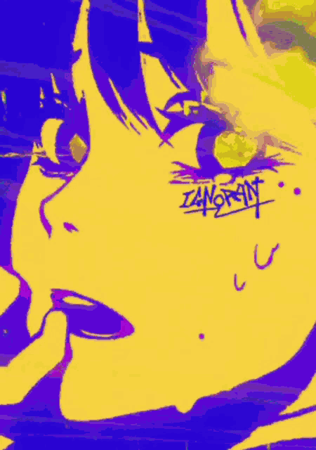 a close up of a person 's face with a yellow and purple background