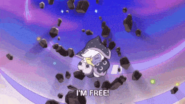 a cartoon character says " i 'm free " while flying through the air