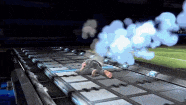 a video game scene with a person laying on the floor