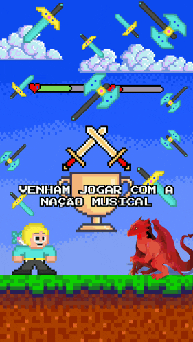 a video game with a dragon and swords and the words venham jogar com a nacao musical