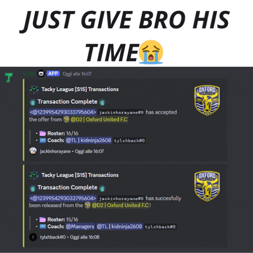 a screenshot of a slack channel with the words just give bro his time