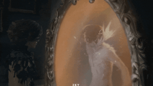 a woman is looking at her reflection in a mirror with zky written on the bottom right