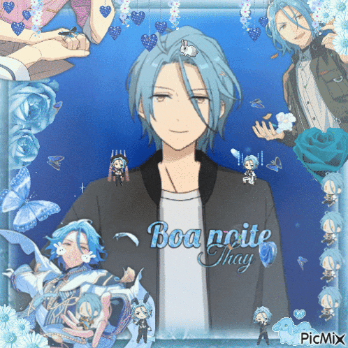 a picture of a boy with blue hair and boa noite thay written on it