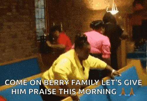 a woman in a yellow shirt says come on berry family let 's give him praise