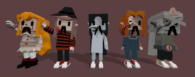 a group of cartoon characters are standing next to each other including chucky and freddy krueger