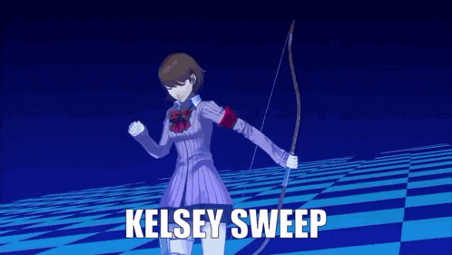 a girl is holding a bow and arrow with the words kelsey sweep below her .