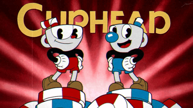 two cuphead characters standing on top of a pile of coins