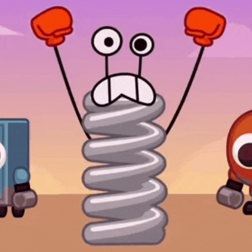 a cartoon character with boxing gloves standing next to a spring