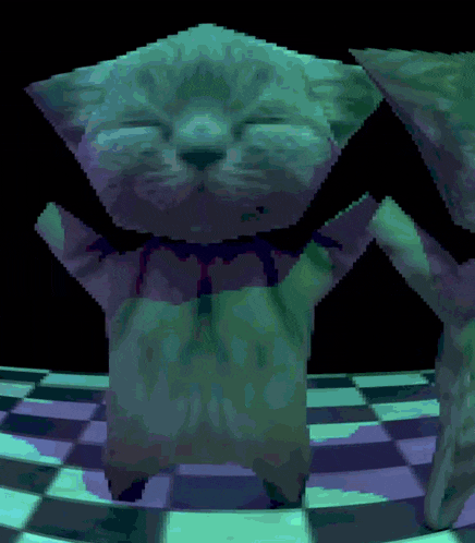 a cartoon cat with its eyes closed standing on a checkered floor