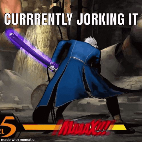a video game character is holding a purple sword and the words currently jerking it