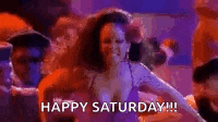 a woman in a purple dress is dancing in a club with the words `` happy saturday !!! '' .