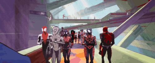 a group of spider-man standing in a hallway
