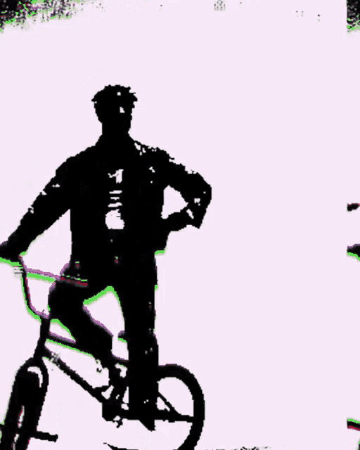 a black and white drawing of a man riding a bike with a red shirt on
