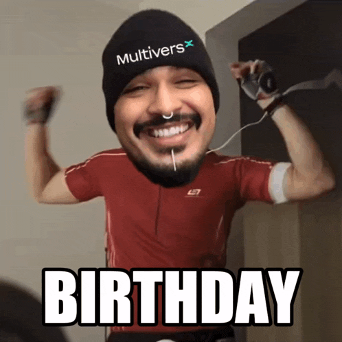 a man wearing a beanie that says multivers flexes his muscles and says birthday