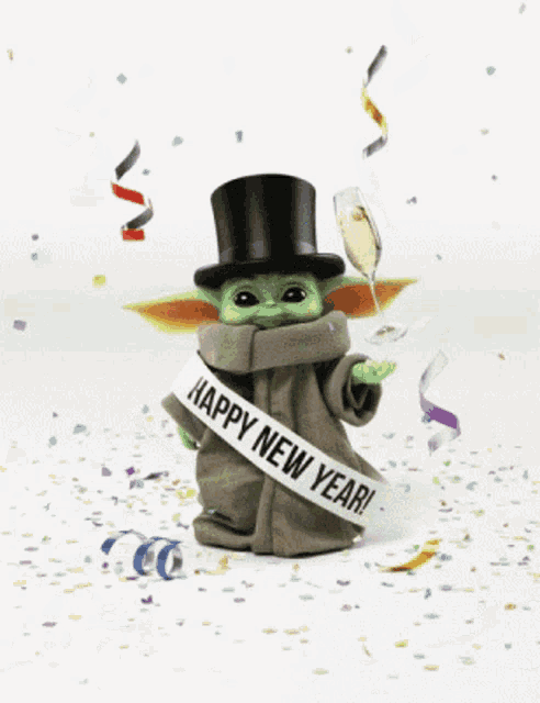 a baby yoda with a top hat and a happy new year sash