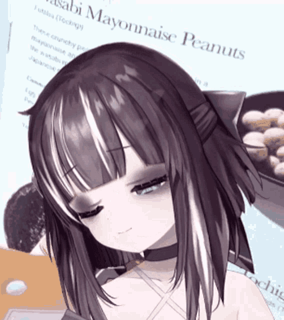 a close up of a girl with wasabi mayonnaise peanuts on a table