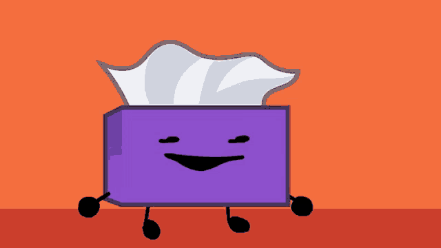 a purple tissue box with a face and arms