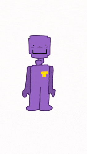 a cartoon drawing of a purple man with a yellow heart on his chest giving the middle finger