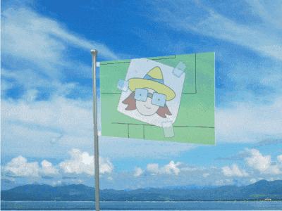 a green and white flag with a cartoon face on it