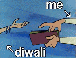a cartoon of two hands reaching for a wallet with the words me diwali below it