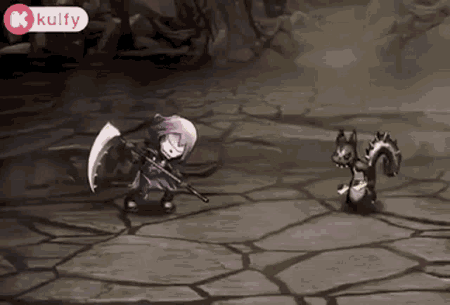 a grim reaper is fighting a squirrel in a video game with a kulfy logo in the corner