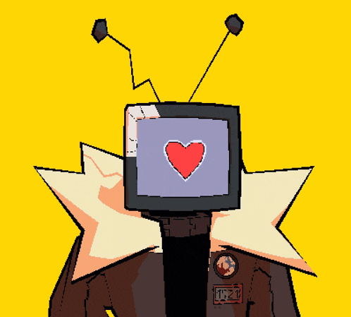 a cartoon drawing of a robot with a tv head and a heart on the screen