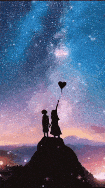 a boy and a girl are standing on top of a mountain holding hands .